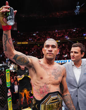 Alex Pereira of Brazil reacts to his victory in the UFC light heavyweight championship fight against Jiri Prochazka of the Czech Republic during the UFC 303 event at T-Mobile Arena on June 29, 2024 in Las Vegas, Nevada. (Photo by Jeff Bottari/Zuffa LLC)