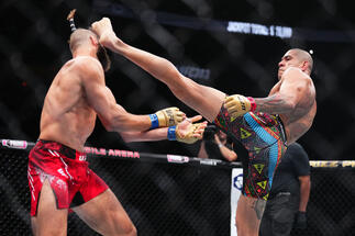 Alex Pereira of Brazil kicks Jiri Prochazka of the Czech Republic in the UFC light heavyweight championship fight during the UFC 303 event at T-Mobile Arena on June 29, 2024 in Las Vegas, Nevada. (Photo by Chris Unger/Zuffa LLC)