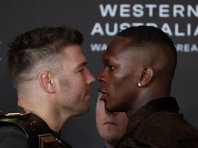 Dricus du Plessis - UFC middleweight champion and Israel Adesanya - No.2 UFC middleweight stare off during the UFC 305 On Sale Press Conference on July 03, 2024 in Perth, Australia. (Photo by Will Russell/Zuffa LLC)