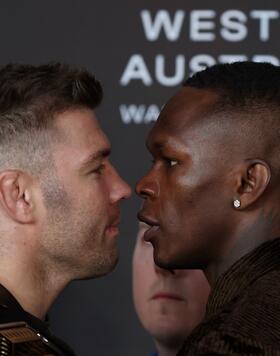 Dricus du Plessis - UFC middleweight champion and Israel Adesanya - No.2 UFC middleweight stare off during the UFC 305 On Sale Press Conference on July 03, 2024 in Perth, Australia. (Photo by Will Russell/Zuffa LLC)