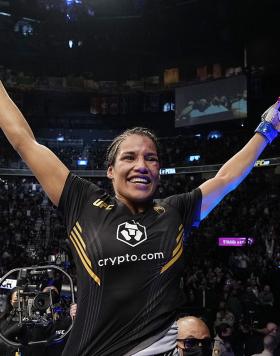 Julianna Pena celebrates her victory over Amanda Nunes of Brazil in their UFC bantamweight championship bout during the UFC 269 on December 11, 2021 in Las Vegas, Nevada. (Photo by Jeff Bottari/Zuffa LLC)