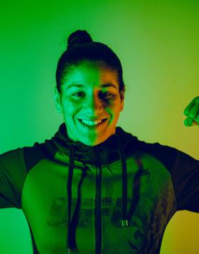 Ketlen Vieira poses for a portrait ahead of her main event match with Holly Holm in Las Vegas, May 2022 (Photo by Kaylie Foster/Zuffa LLC)