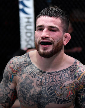  Sean Brady reacts after his submission victory over Jake Matthews of Australia in their welterweight fight during the UFC 259 event at UFC APEX on March 06, 2021 in Las Vegas, Nevada. (Photo by Jeff Bottari/Zuffa LLC)