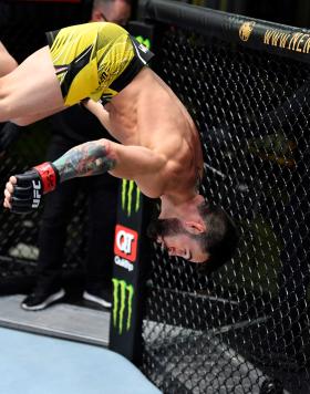 Bruno Silva of Brazil reacts after knocking out Victor Rodriguez in their flyweight bout during the UFC Fight Night event at UFC APEX on May 22, 2021 in Las Vegas, Nevada. (Photo by Chris Unger/Zuffa LLC)