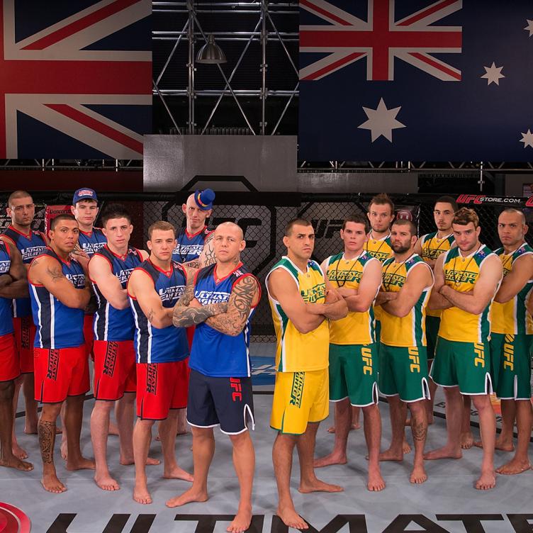 Cast members of The Ultimate Fighter: The Smashes pose for a group photo inside the Octagon at the UFC gym on July 17, 2012 in Sydney, Australia. (Photo by Josh Hedges/Zuffa LLC/Zuffa LLC via Getty Images)