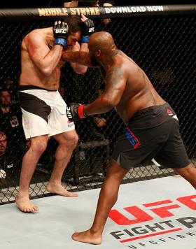 ZAGREB, CROATIA - APRIL 10:   (R-L) Derrick Lewis punches Gabriel Gonzaga in their heavyweight bout during the UFC Fight Night event at the Arena Zagreb on April 10, 2016 in Zagreb, Croatia. (Photo by Srdjan Stevanovic/Zuffa LLC/Zuffa LLC via Getty Images