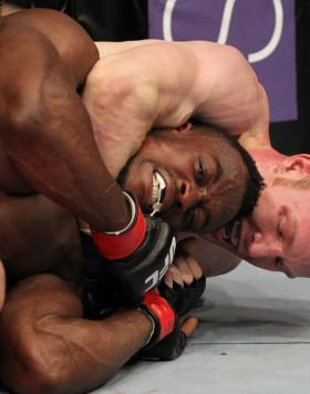 STOCKHOLM, SWEDEN - APRIL 14:  (R-L) James Head secures a rear choke submission to defeating Papy Abedi in a welterweight bout at the UFC on Fuel TV event at Ericsson Globe on April 14, 2012 in Stockholm, Sweden.  (Photo by Josh Hedges/Zuffa LLC/Zuffa LLC