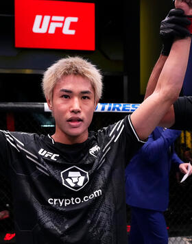 Tatsuro Taira of Japan reacts after his knockout victory against Carlos Hernandez in a flyweight fight during the UFC Fight Night event at UFC APEX on December 09, 2023 in Las Vegas, Nevada. (Photo by Jeff Bottari/Zuffa LLC 