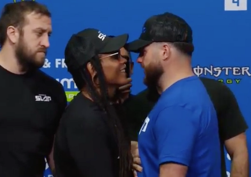 AyJay Hintz and Austin Turpin faceoff at the Power Slap 4 weigh-ins on August 8, 2023.